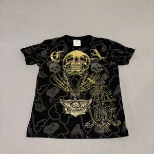Christian Audigier Mens Skull Rhinestone Graphic T Shirt Charmed Life Medium